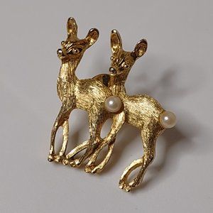 Gold Tone Deer Pin With Faux Pearl Tails